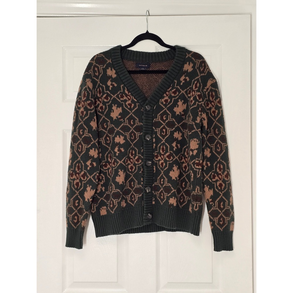 Cotton On Mens Green Geometric Floral Jacquard V-Neck Button Cardigan Sweater S